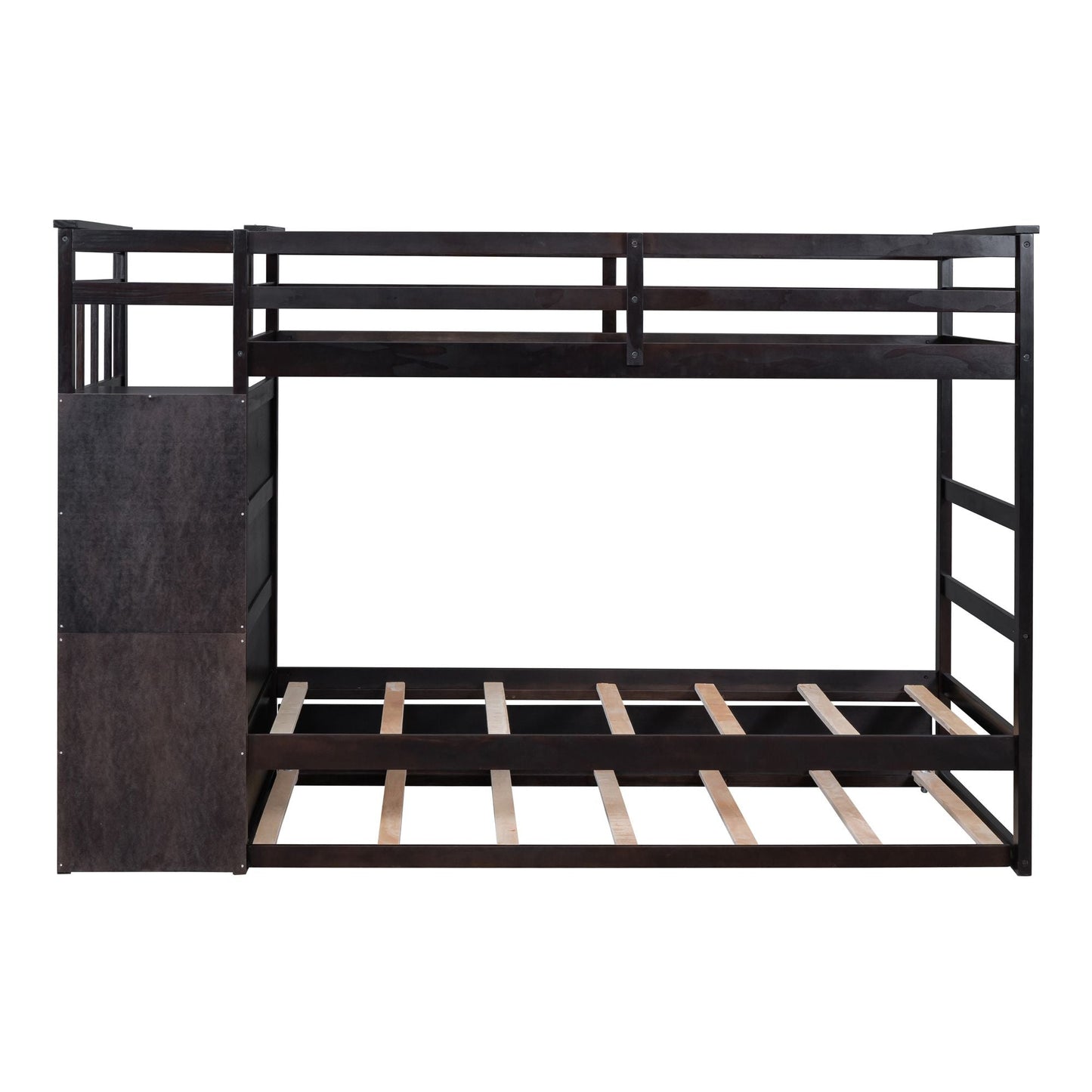 Shared Room Solution Twin Over Twin Wood Bunk Bed with Trundle and Staircase, Espresso | Just Better Bunk Beds