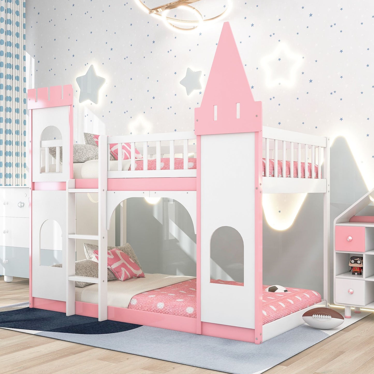 House-Style Twin Over Twin Wood Castle Bunk Bed with Ladder, Pink | Just Better Bunk Beds