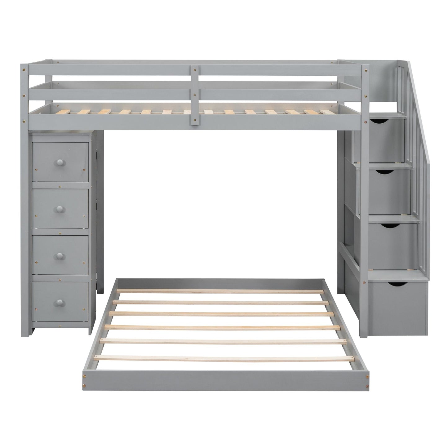 Staircase Storage Twin Over Full Wood Bunk Bed with Shelves and Drawers, Gray | Just Better Bunk Beds