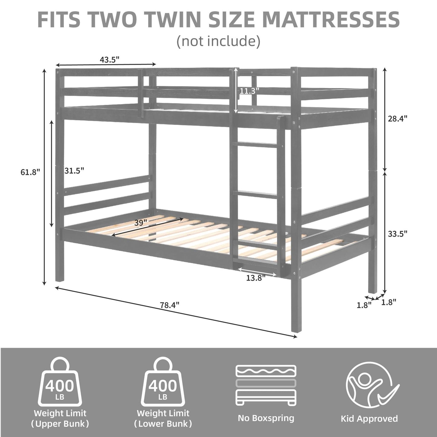 Twin over Twin Bunk Bed with Ladder,Wooden Bunk Bed with High Guardrail and Ladder for Kids, Teens, Dorm Rooms, and Guest Rooms,No Box Spring Needed,Grey