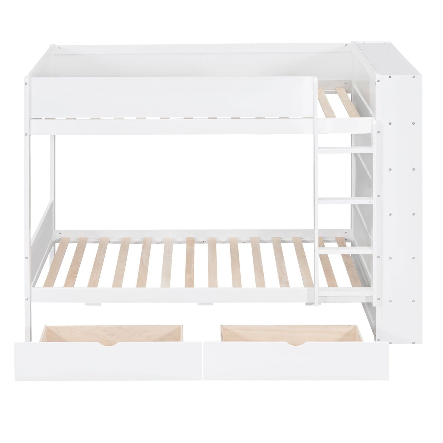 Storage Twin Over Twin Wood Bunk Bed with 2 Drawers and Multi-Layer Cabinet, White | Just Better Bunk Beds