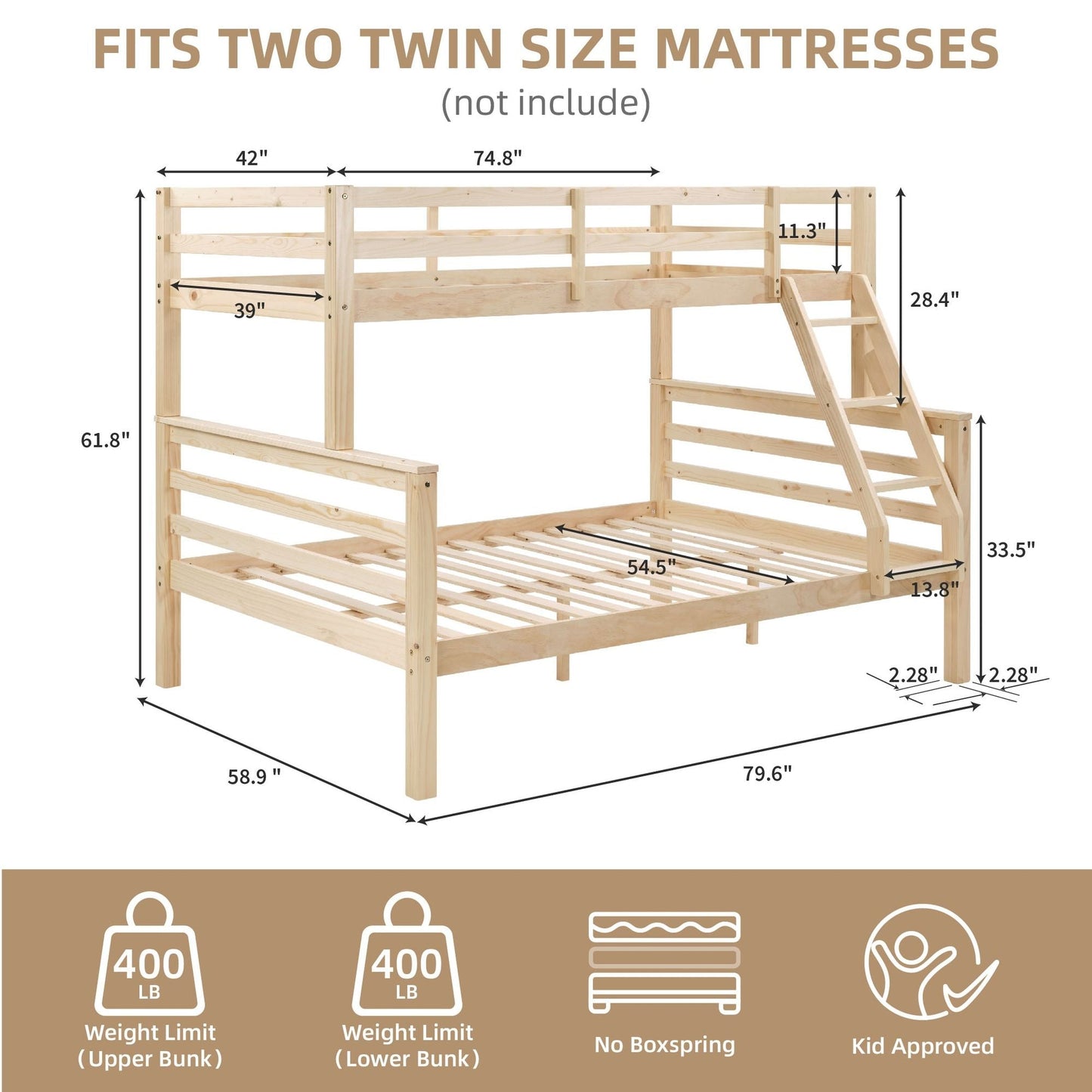 Durable Twin Over Full Wood Bunk Bed with Thick Posts, High Guardrail, Ladder, Natural | Just Better Bunk Beds