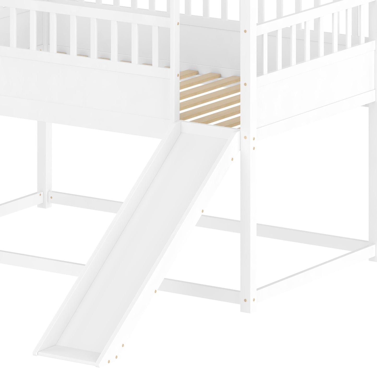 House-Style Twin Over Twin Wood Bunk Bed with Convertible Slide and Guardrail, White | Just Better Bunk Beds