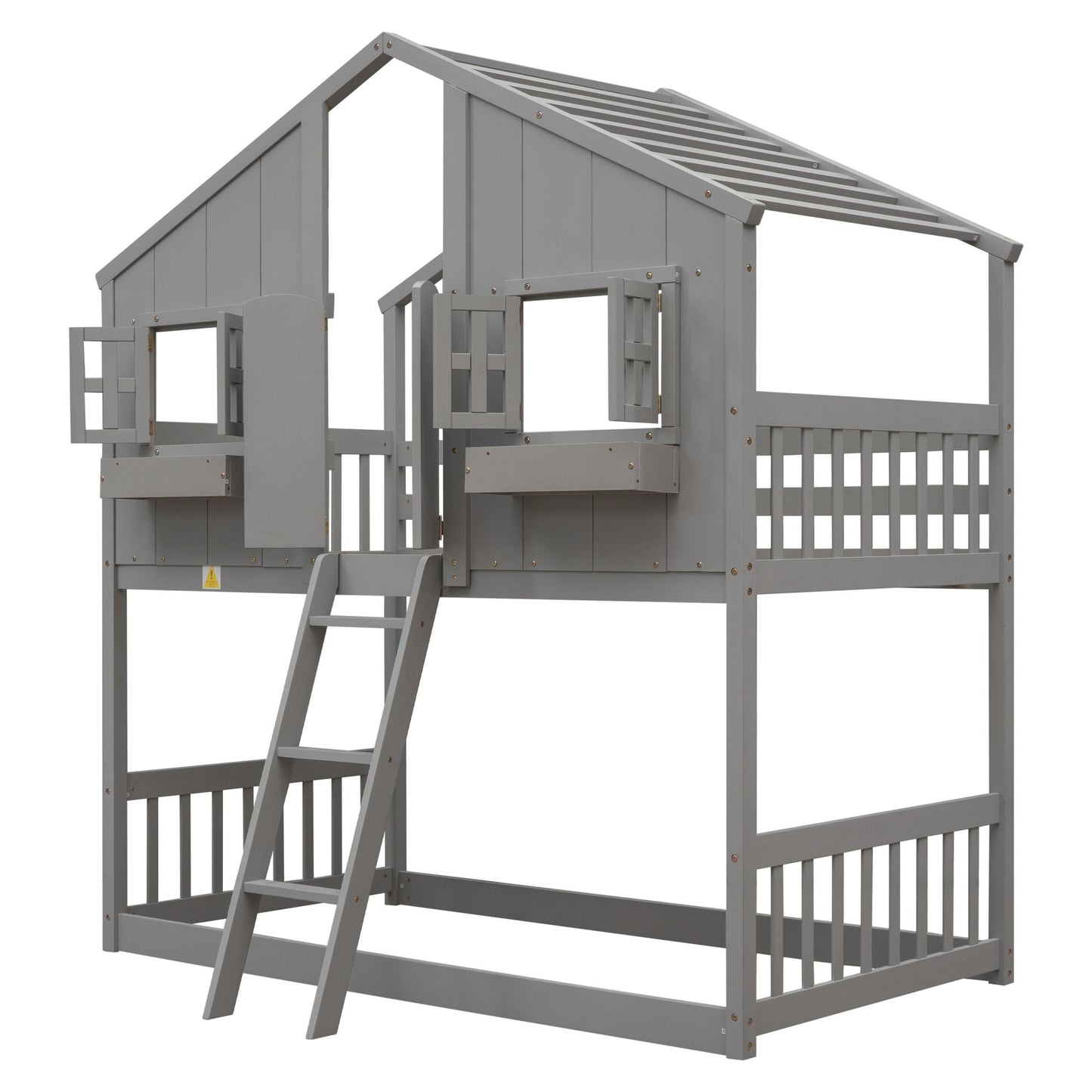 House-Style Twin Over Twin Wood Bunk Bed with Roof, Window, Door, and Ladder, Multiple Colors | Just Better Bunk Beds