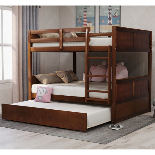 Space-Saving Full Over Full Wood Bunk Bed with Twin Trundle, Walnut | Just Better Bunk Beds