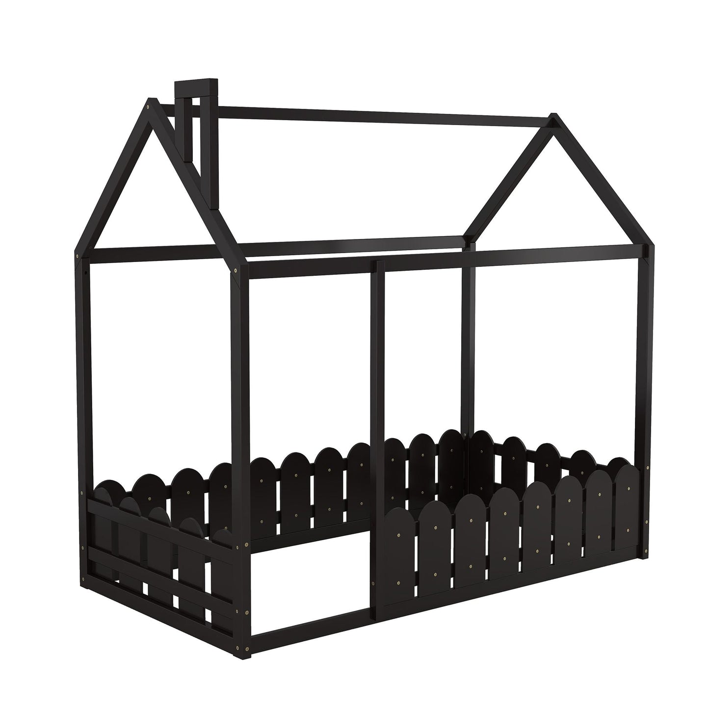 House-Style Twin Wood Bed Frame with Fence for Kids and Teens, Espresso, Gray, White | Just Better Bunk Beds