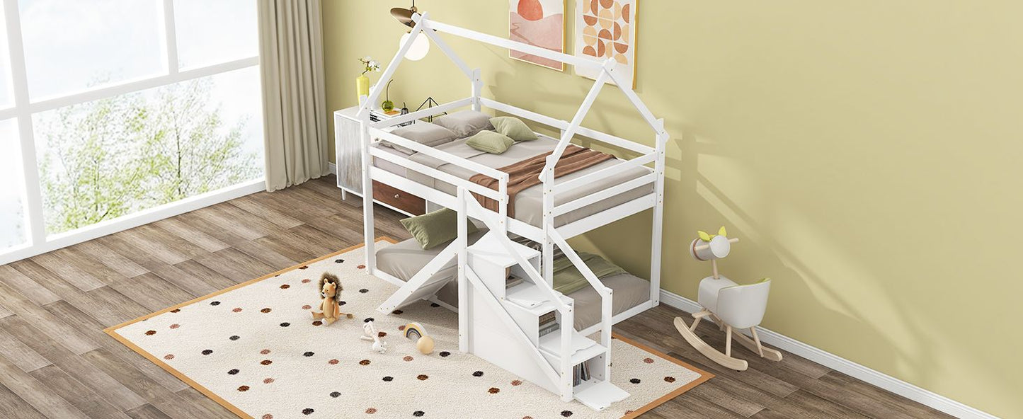 Kids Bedroom Twin Over Twin Wood House Loft Bed with Slide and Staircase, White | Just Better Bunk Beds