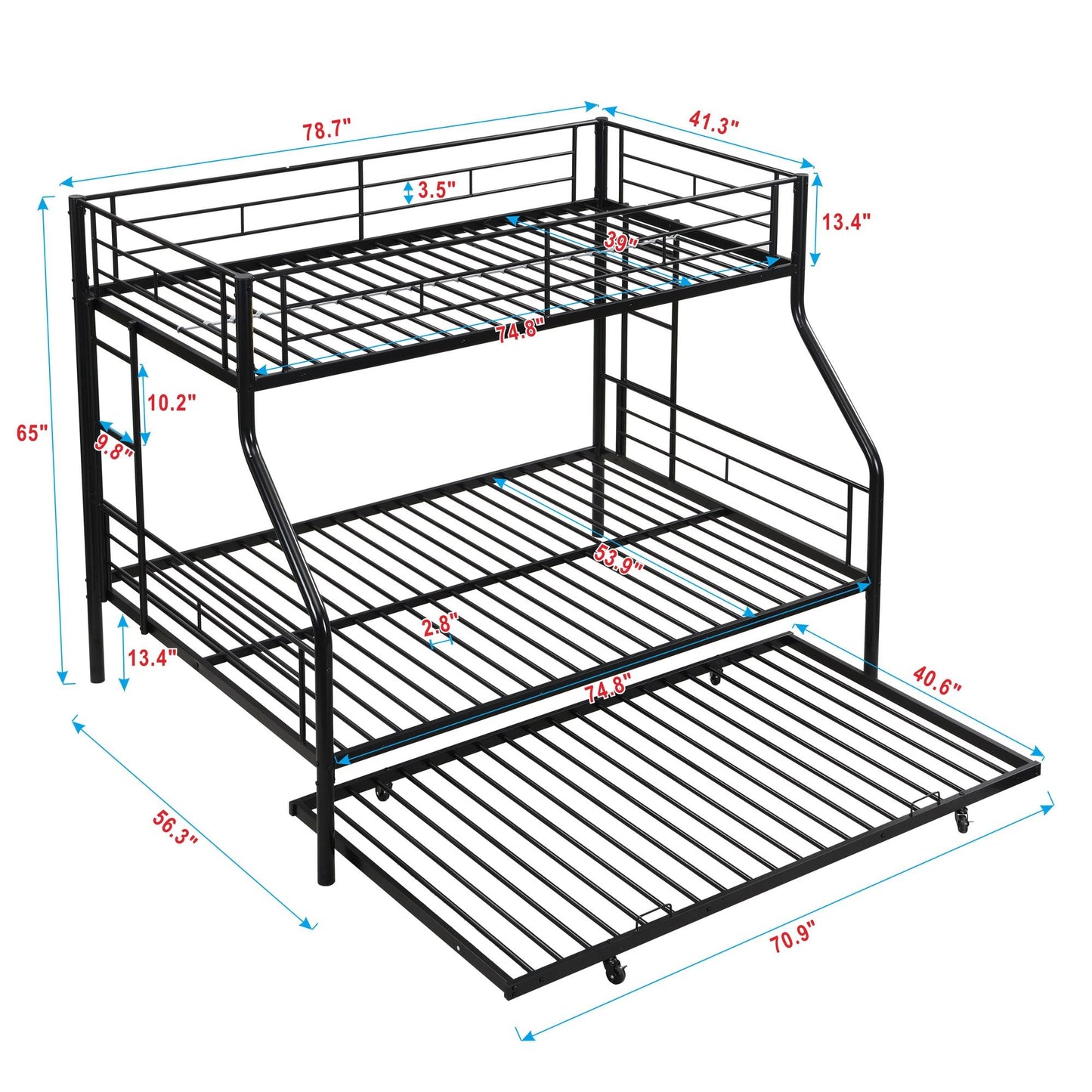 Twin Over Full with trundle Metal Bunk Bed ,  No Box Spring Needed,  Easy Assemble