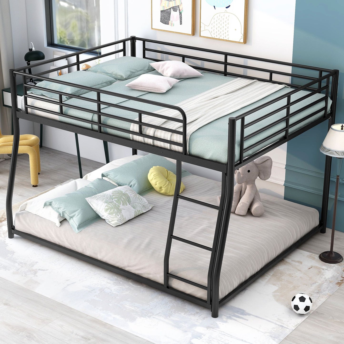Shared Room Solution Full XL Over Queen Metal Floor Bunk Bed, Black | Just Better Bunk Beds