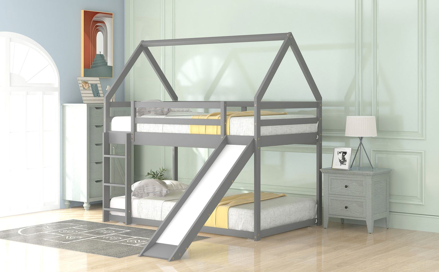 House-Style Low Twin Over Twin Wood Bunk Bed with Ladder, White | Just Better Bunk Beds