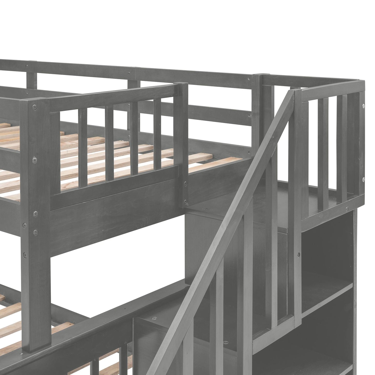 Staircase Storage Twin Over Full Wood Bunk Bed with Drawer, Storage, and Guard Rail, Gray | Just Better Bunk Beds