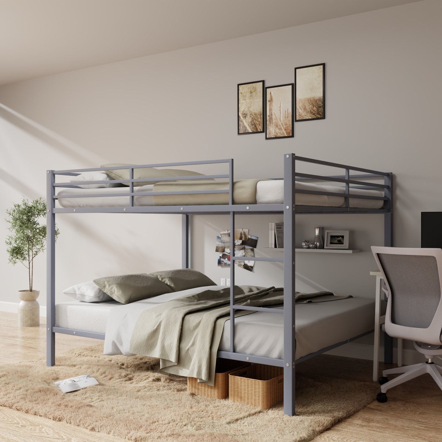 Heavy-Duty Full Over Full Metal Bunk Bed with Built-in Ladder and Safety Guard Rail, Gray | Just Better Bunk Beds
