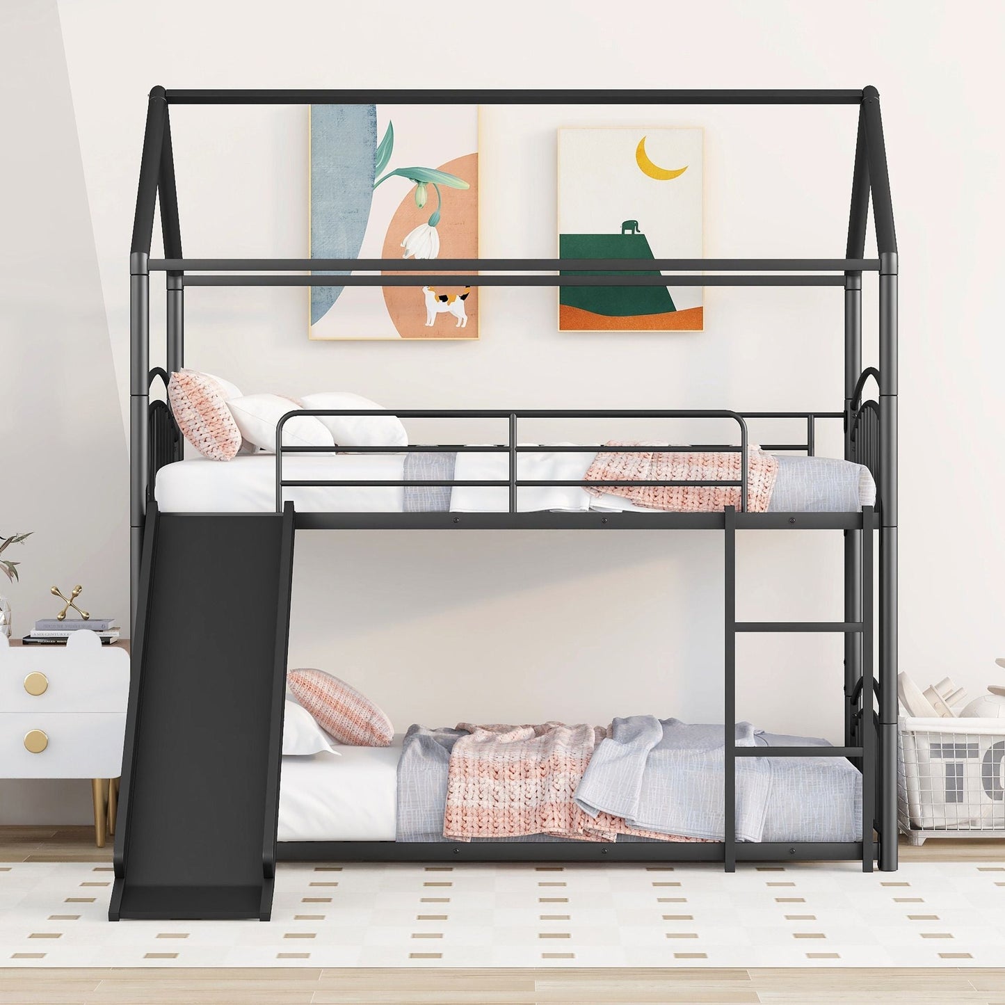 Kids Bedroom Twin Over Twin Metal Bunk Bed with Slide, Black | Just Better Bunk Beds