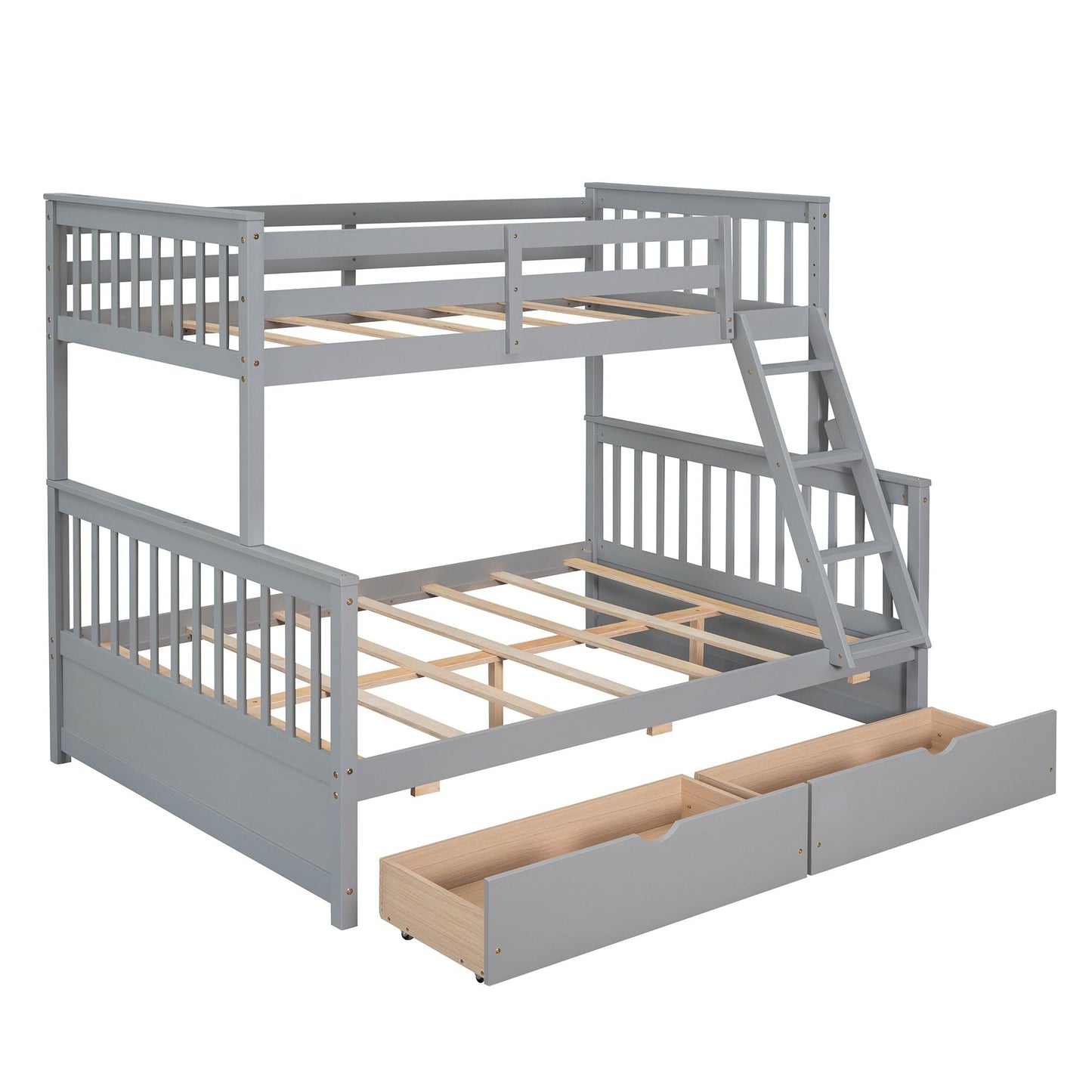 Kids Bedroom Twin Over Full Wood Bunk Bed with Ladders and Storage Drawers, Gray | Just Better Bunk Beds
