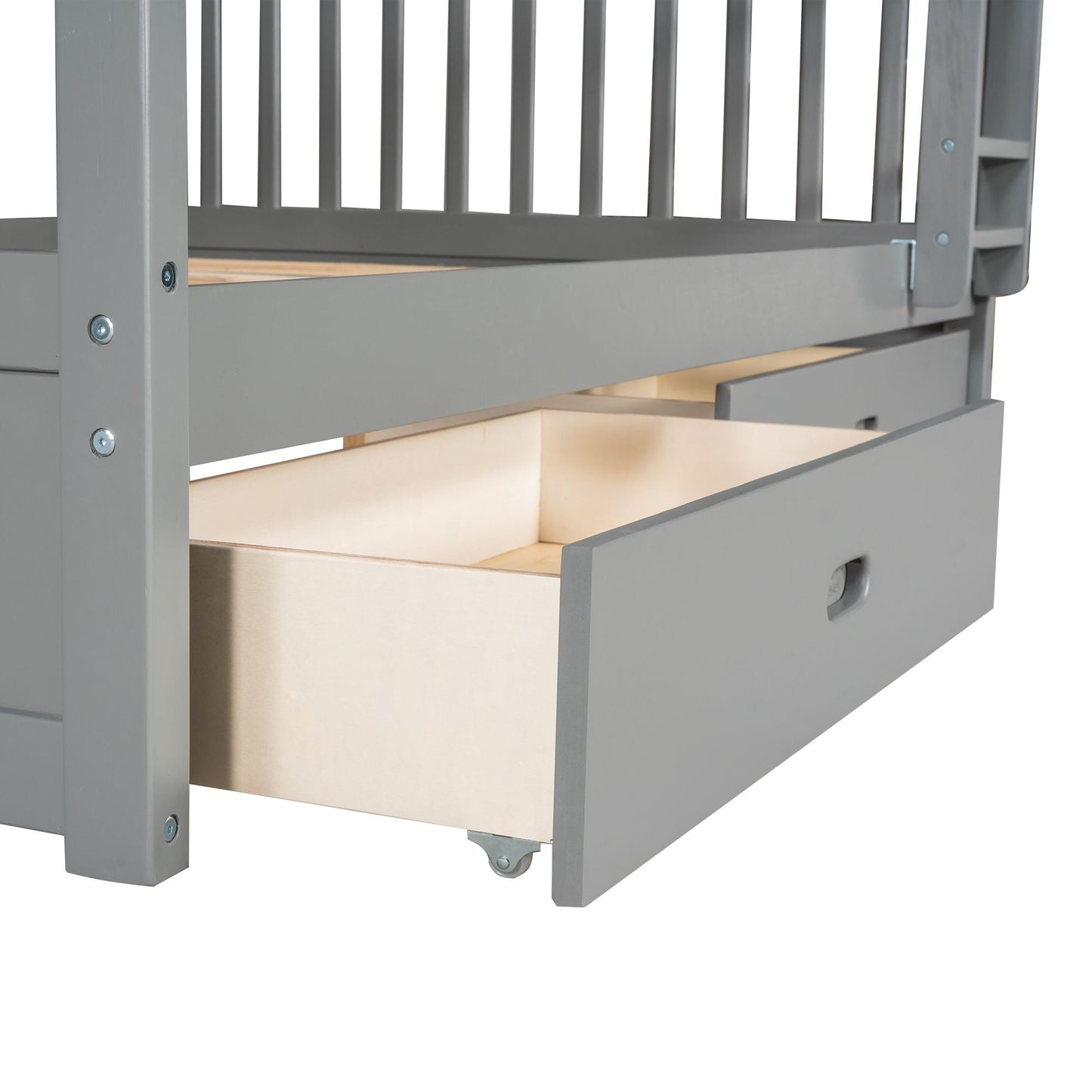 Storage-Enhanced Full Over Full Wood Bunk Bed with Ladders, Two Drawers, White | Just Better Bunk Beds