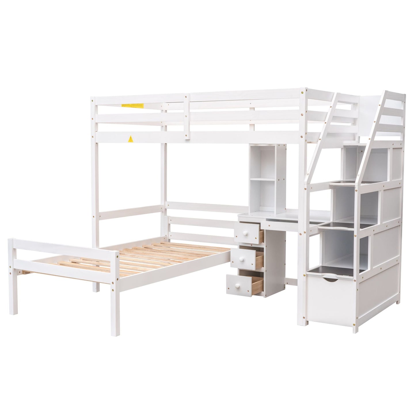 Space-Saving Twin Wood Loft Bed with Stand-Alone Bed, Storage Staircase, Desk, Shelves and Drawers, White | Just Better Bunk Beds