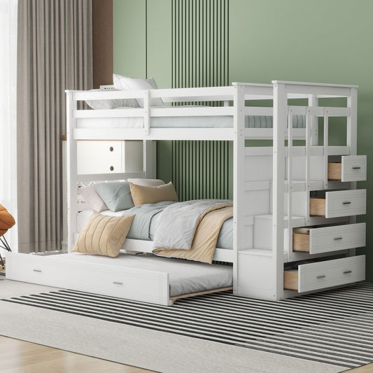 Staircase Storage Twin Over Twin Wood Bunk Bed with Trundle, White | Just Better Bunk Beds