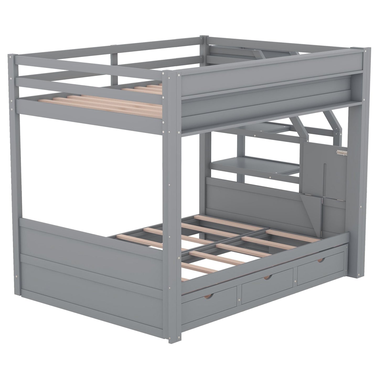 Convertible Full Wood Bunk Bed with Storage Staircase, Bedside Table, 3 Drawers, White | Just Better Bunk Beds