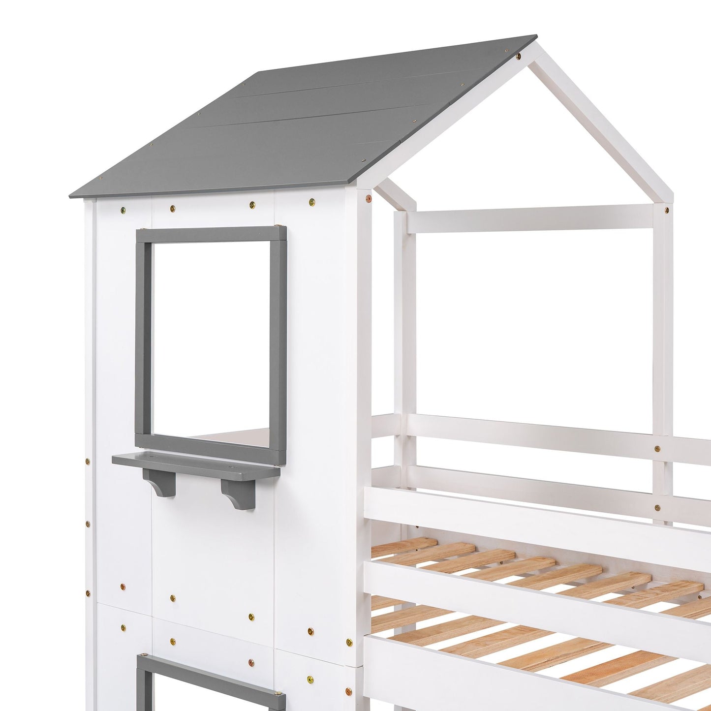 Kids Bedroom Twin Over Twin Wood Bunk Bed with Roof, Window, Guardrail, Ladder, White | Just Better Bunk Beds