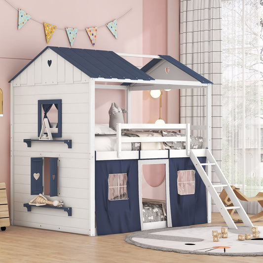 Kids Bedroom Full Wood House-Style Bunk Bed with Windows and Tent, Blue White | Just Better Bunk Beds