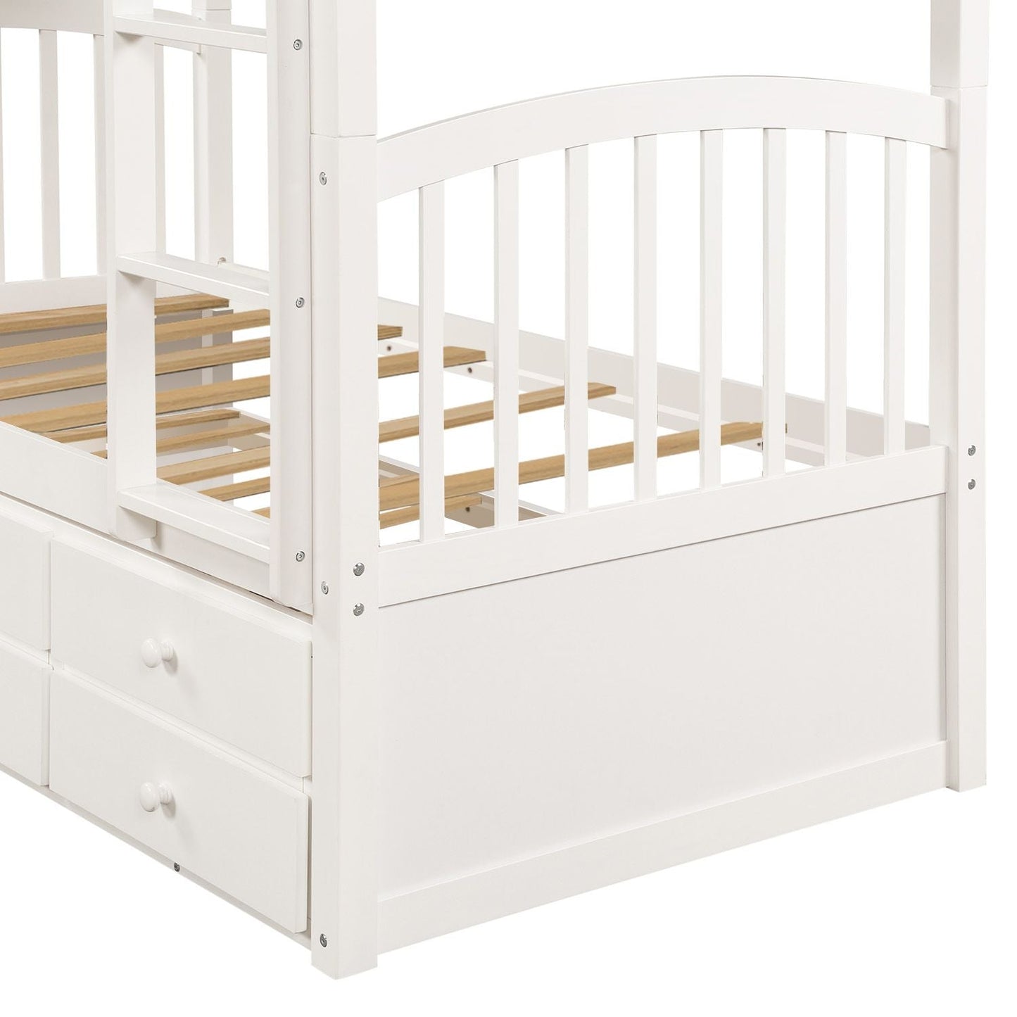 Shared Room Solution Twin Wood Bunk Bed with Ladder, Safety Rail, Twin Trundle and 3 Drawers, White | Just Better Bunk Beds