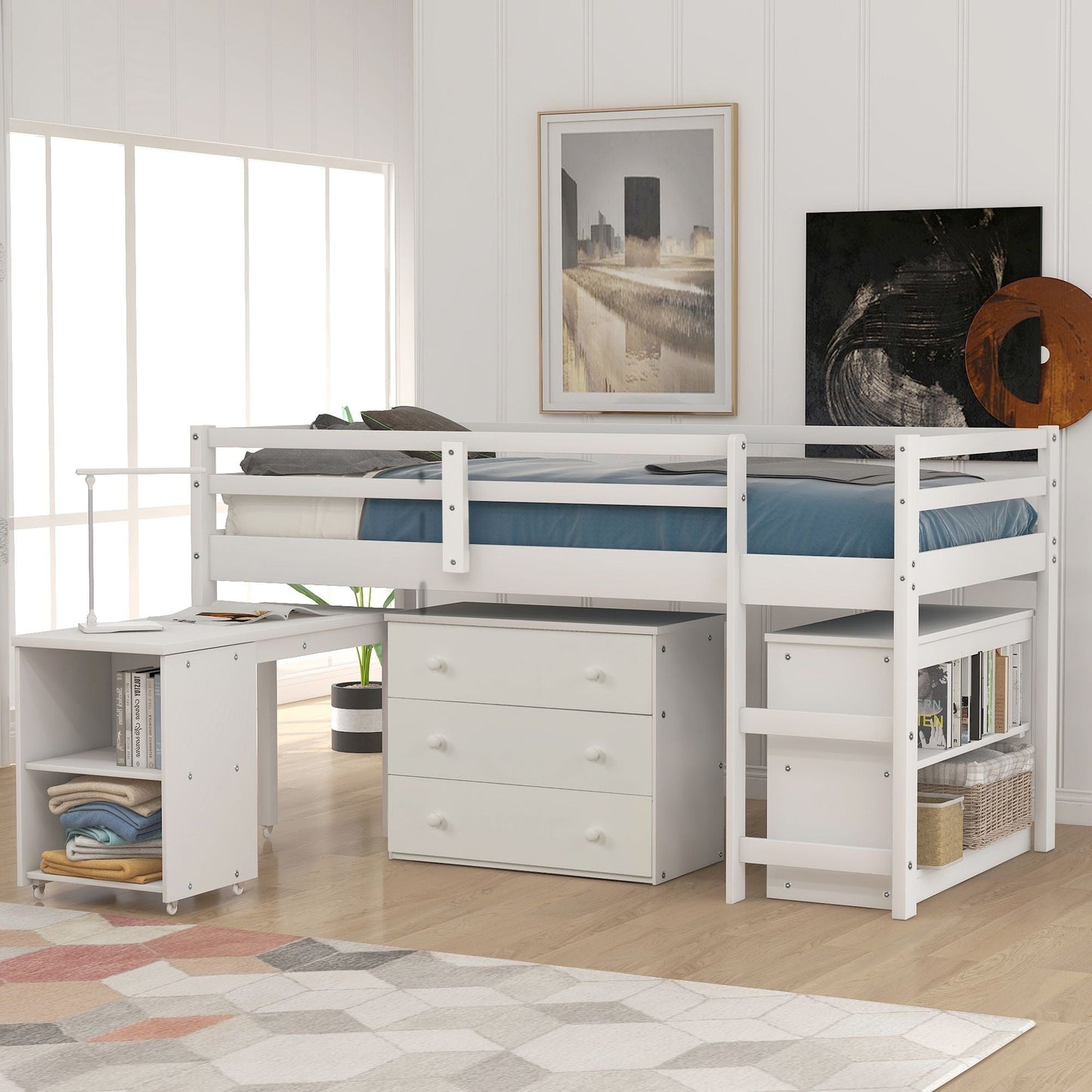 Kids Bedroom Twin Wood Loft Bed with Cabinet and Rolling Desk, White | Just Better Bunk Beds