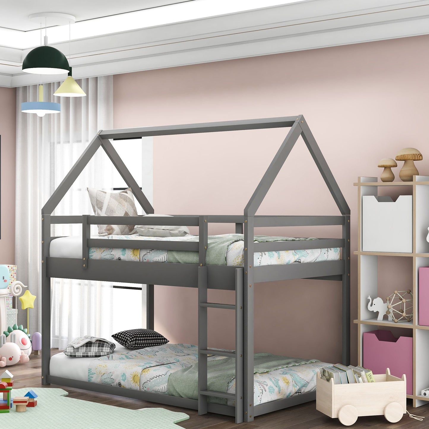 House-Style Low Twin Over Twin Wood Bunk Bed with Ladder, Gray | Just Better Bunk Beds