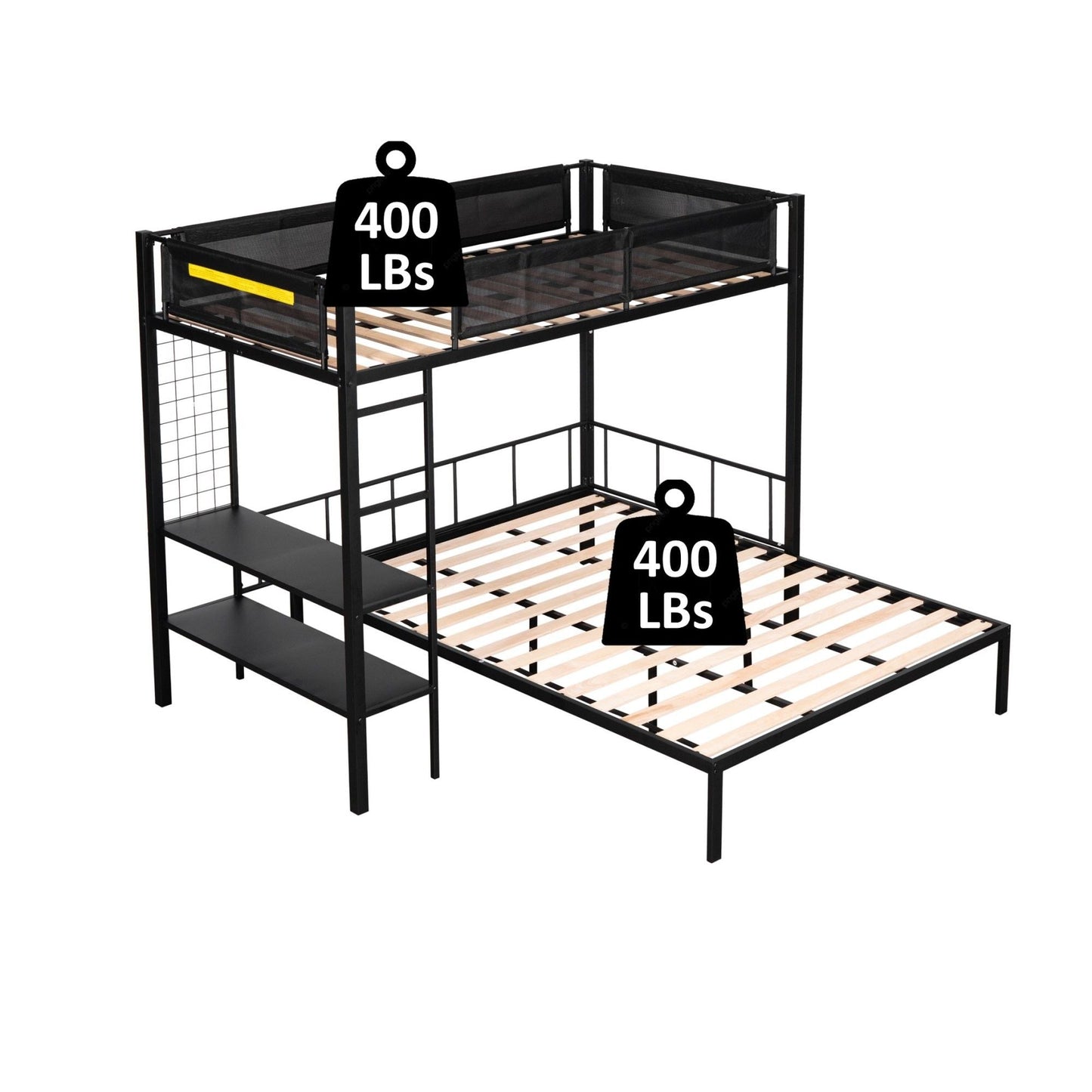 Heavy-Duty Twin Over Full Metal and Wood Bunk Bed with Shelves, Grid Panel, and Noise-Free Wood Slats, Black | Just Better Bunk Beds