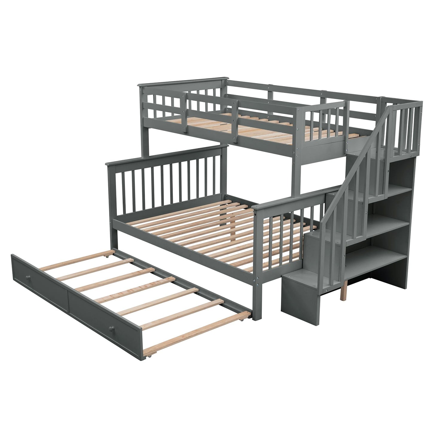 Staircase Storage Twin Over Full Wood Bunk Bed with Trundle, Storage, and Guard Rail, Gray | Just Better Bunk Beds