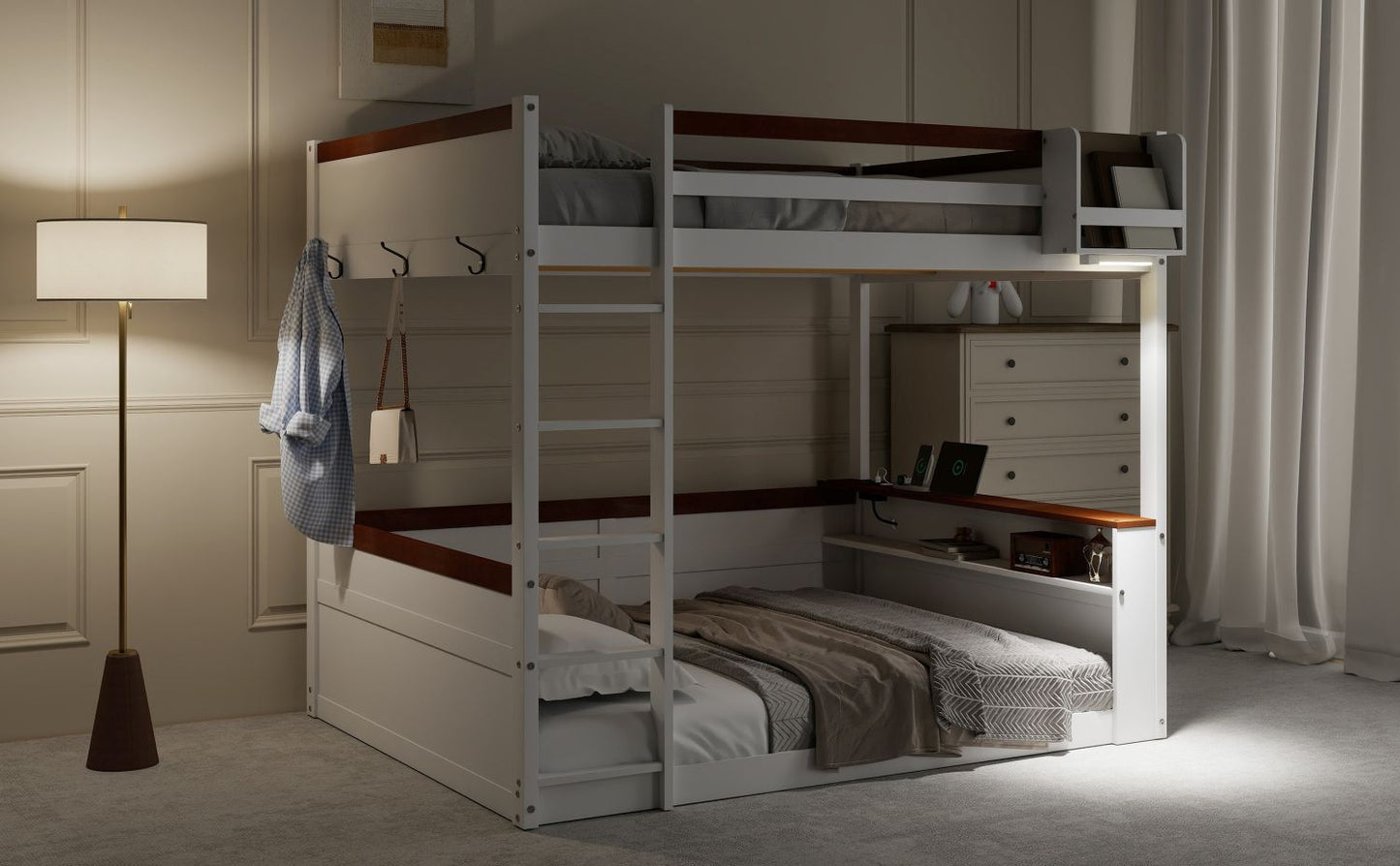 Queen Size Wooden Bunk Bed with Built-in Shelves, Storage Box, LED Light and USB Charging Station, White