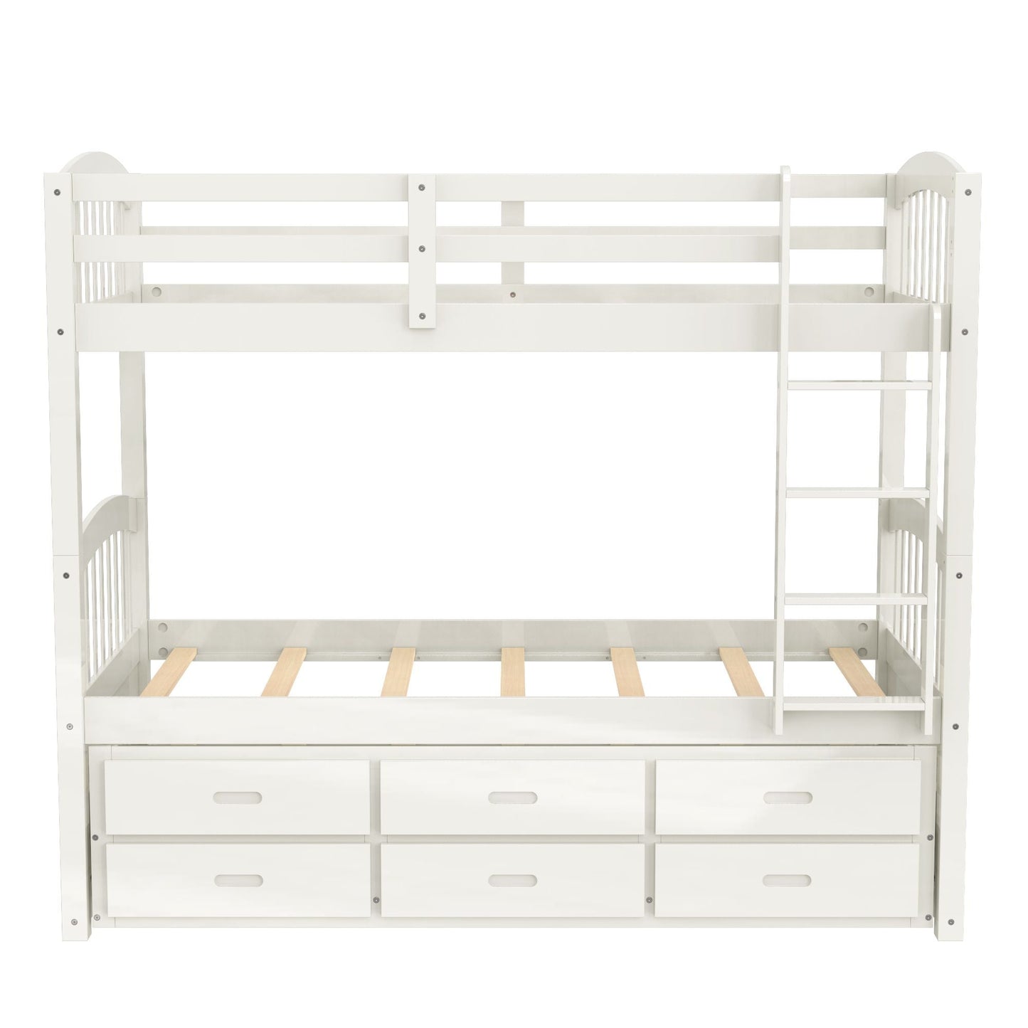 Space-Saving Twin Over Twin Wood Bunk Bed with Trundle and Drawers, White | Just Better Bunk Beds