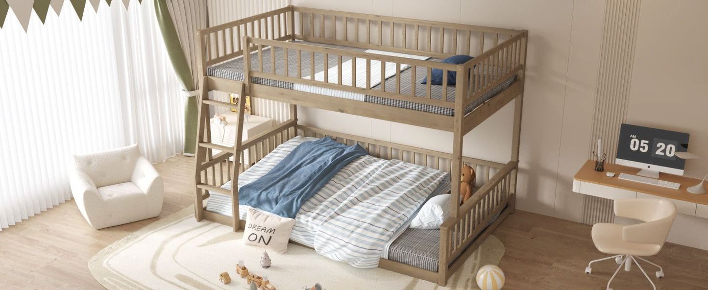 House-Style Full XL Over Queen Wood Bunk Bed with Ladder and Guardrails, Walnut | Just Better Bunk Beds