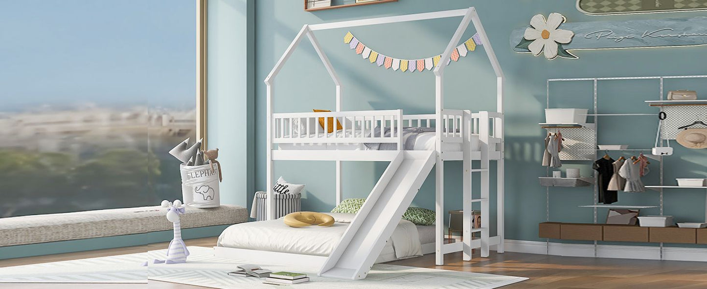 Twin over Full House Bunk Bed with Slide and Built-in Ladder,  Full-Length Guardrail