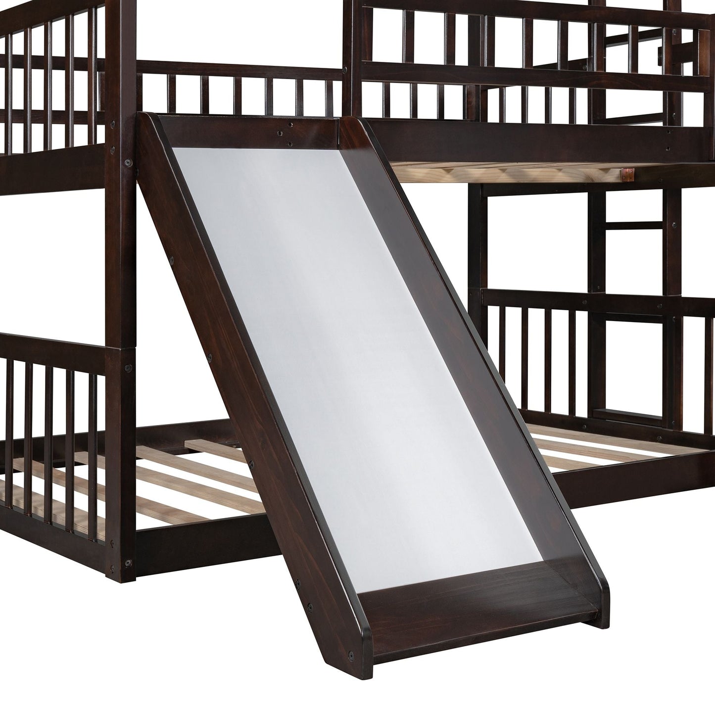 Shared Room Solution Full Over Full Over Full Wood Triple Bunk Bed with Ladder, Slide, Guardrails, Espresso | Just Better Bunk Beds
