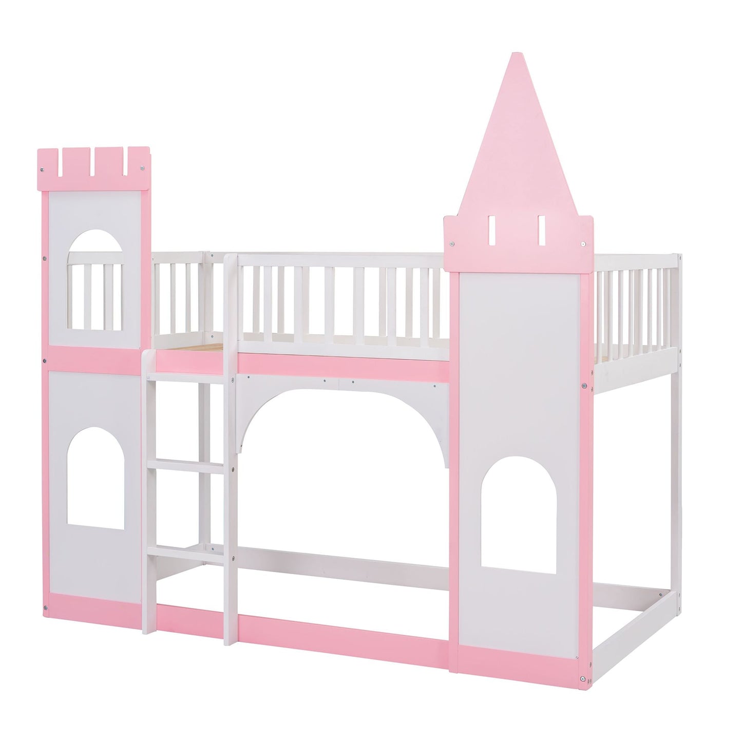 House-Style Twin Over Twin Wood Castle Bunk Bed with Ladder, Pink | Just Better Bunk Beds