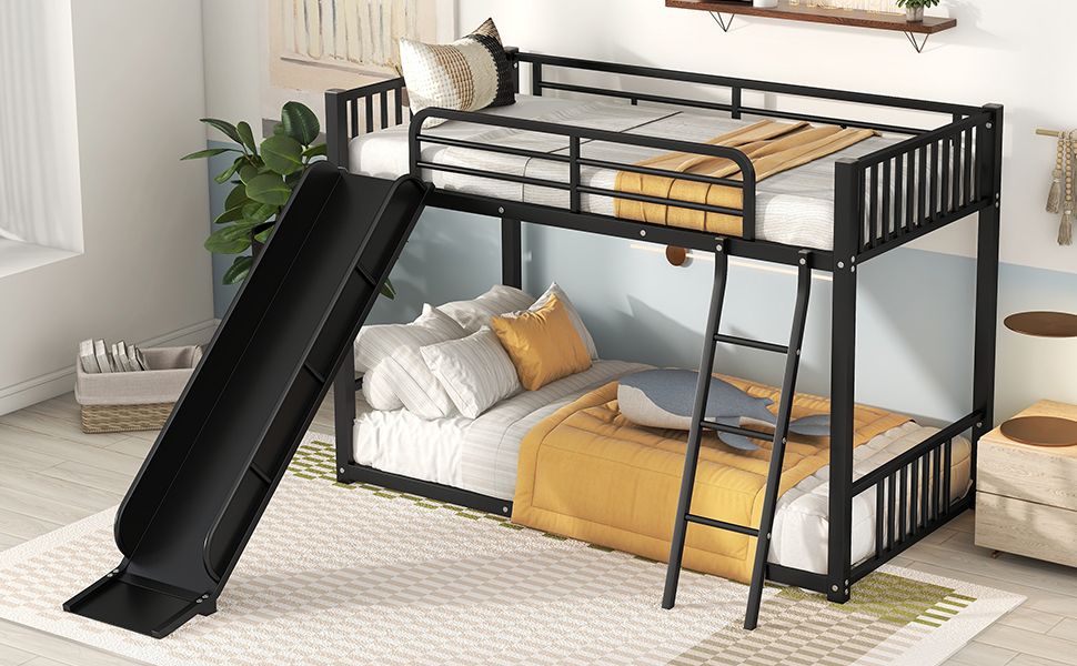 Space-Saving Metal Bunk Bed with Slide Twin Over Twin, White | Just Better Bunk Beds