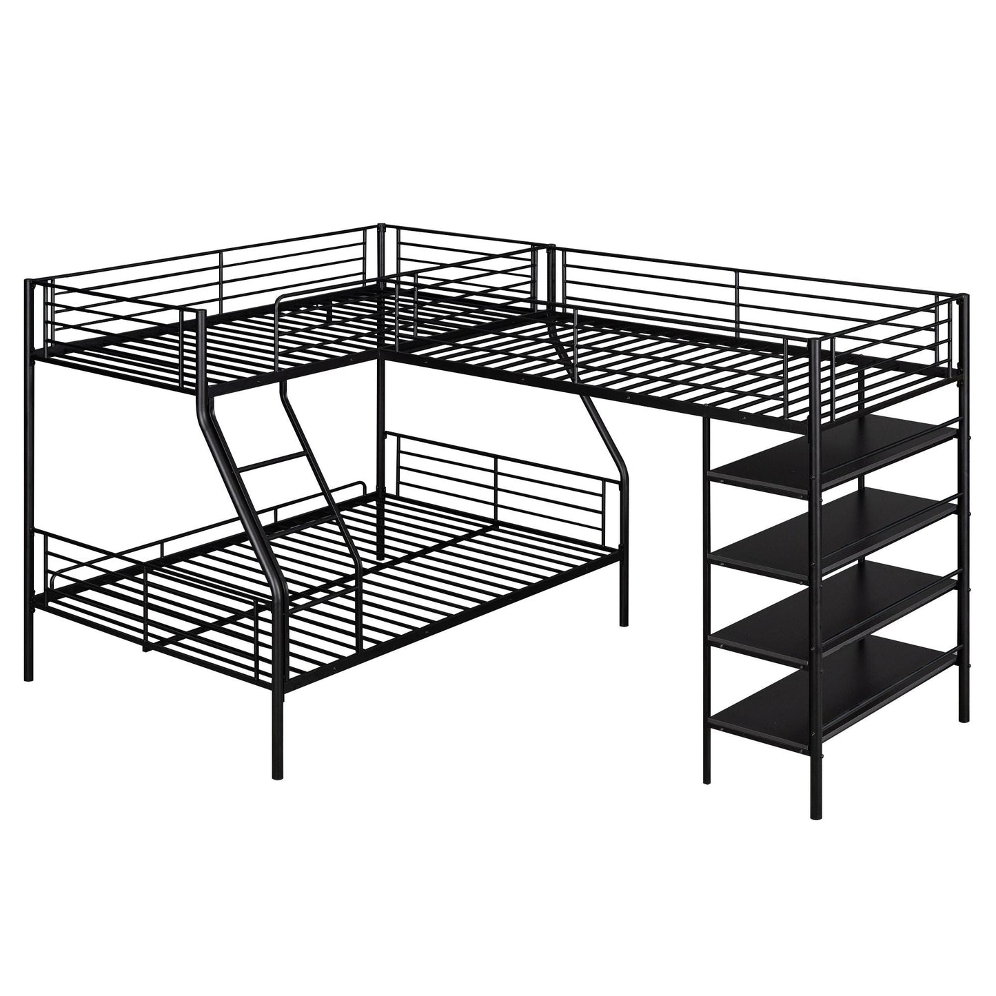 L-Shaped Metal Twin Over Full Bunk Bed and Loft Bed with Built-in Shelves, Black | Just Better Bunk Beds