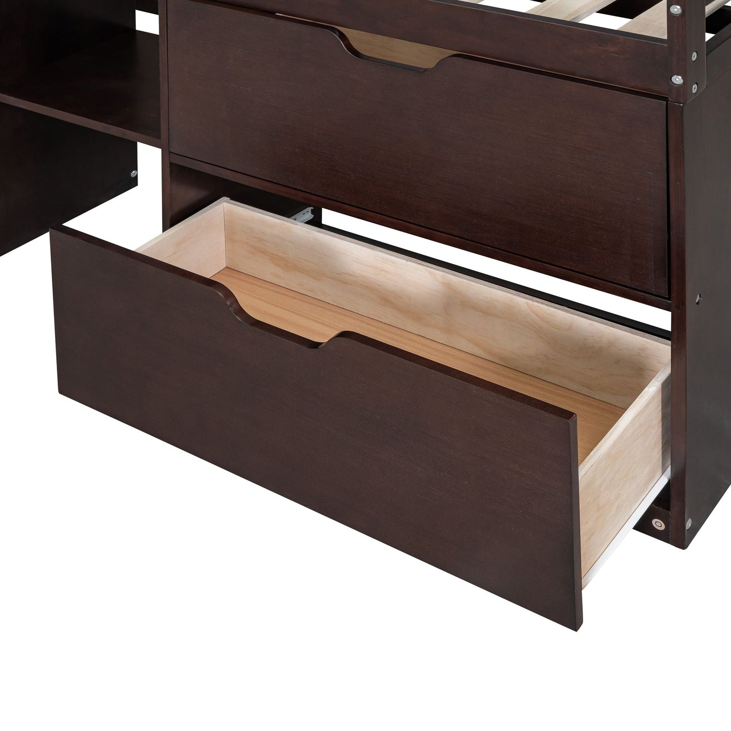 Space-Saving Twin Low Loft Wood Bed with Rolling Desk, Shelf, Drawers, White | Just Better Bunk Beds
