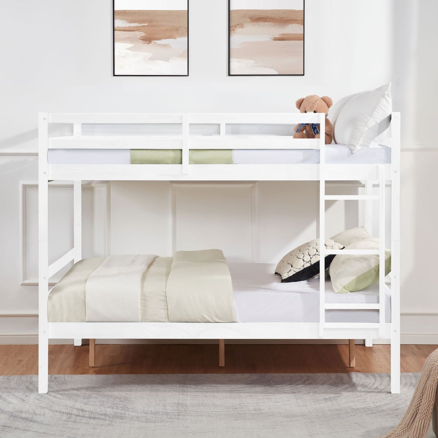 Dorm Room Full Over Full Wood Bunk Bed with Ladder and Guardrail, White | Just Better Bunk Beds