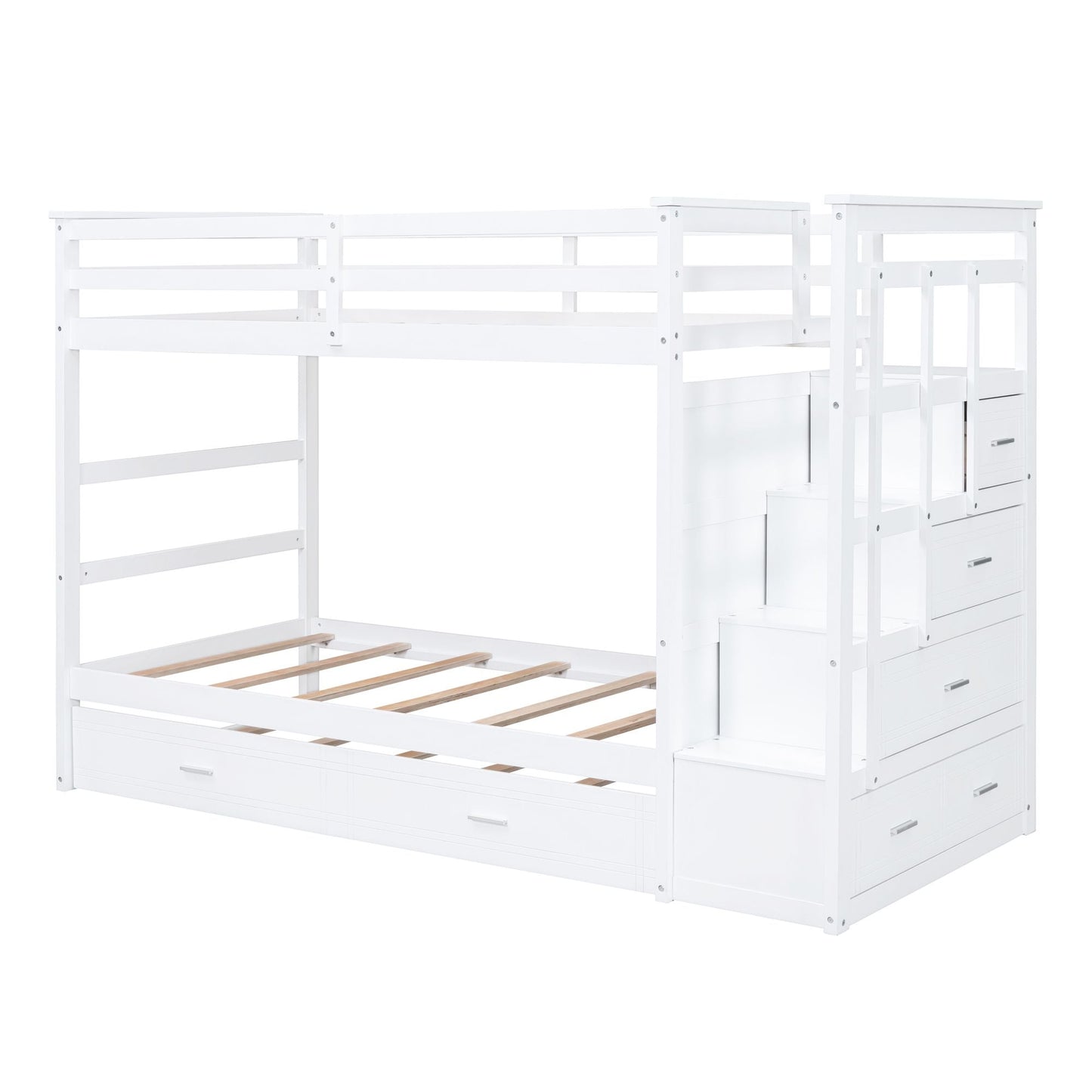 Shared Room Solution Twin Over Twin Wood Bunk Bed with Trundle and Staircase, White | Just Better Bunk Beds