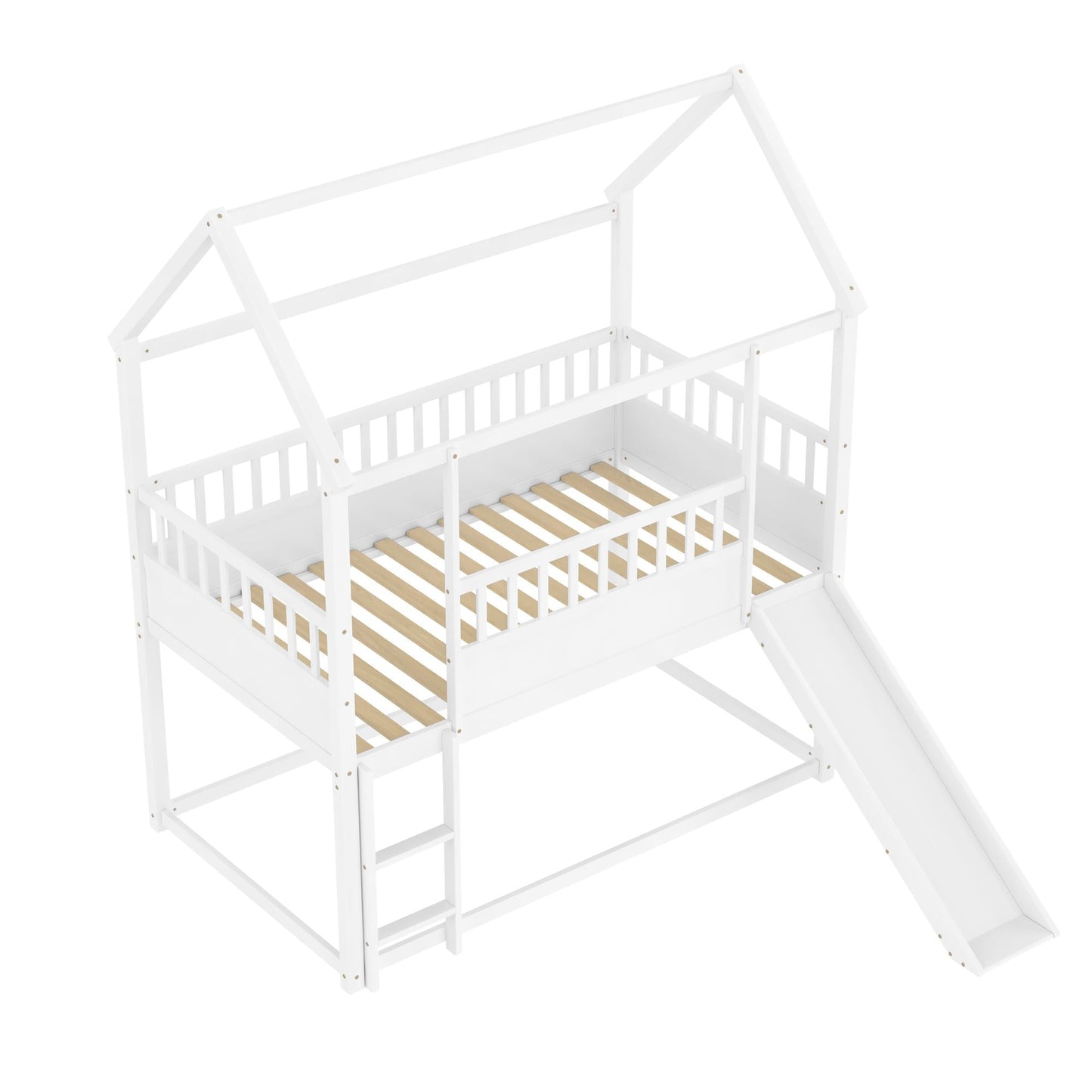 House-Style Twin Over Twin Wood Bunk Bed with Convertible Slide and Guardrail, White | Just Better Bunk Beds