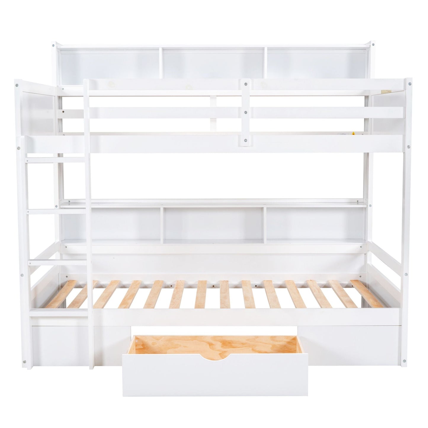 Shared Room Solution Twin Wood Bunk Bed with Built-In Shelves and Storage, White | Just Better Bunk Beds