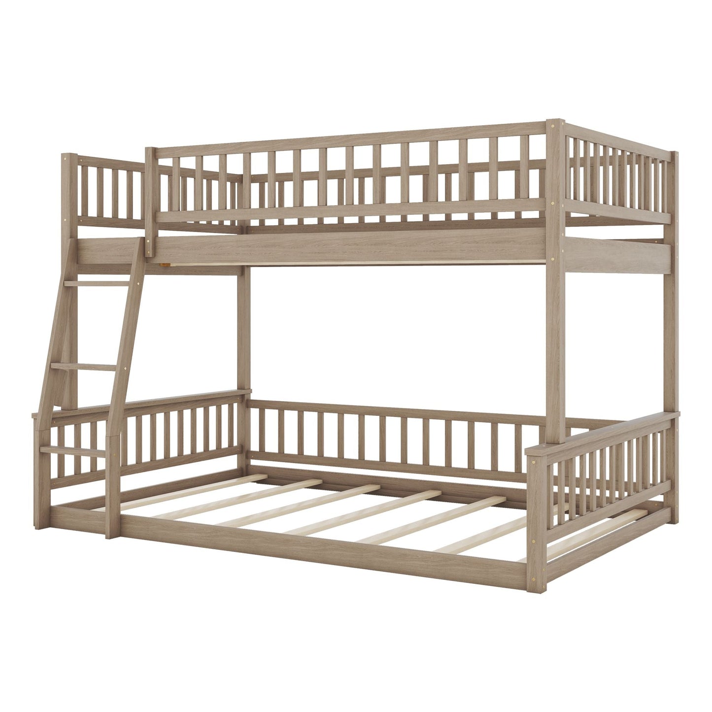 House-Style Full XL Over Queen Wood Bunk Bed with Ladder and Guardrails, Walnut | Just Better Bunk Beds