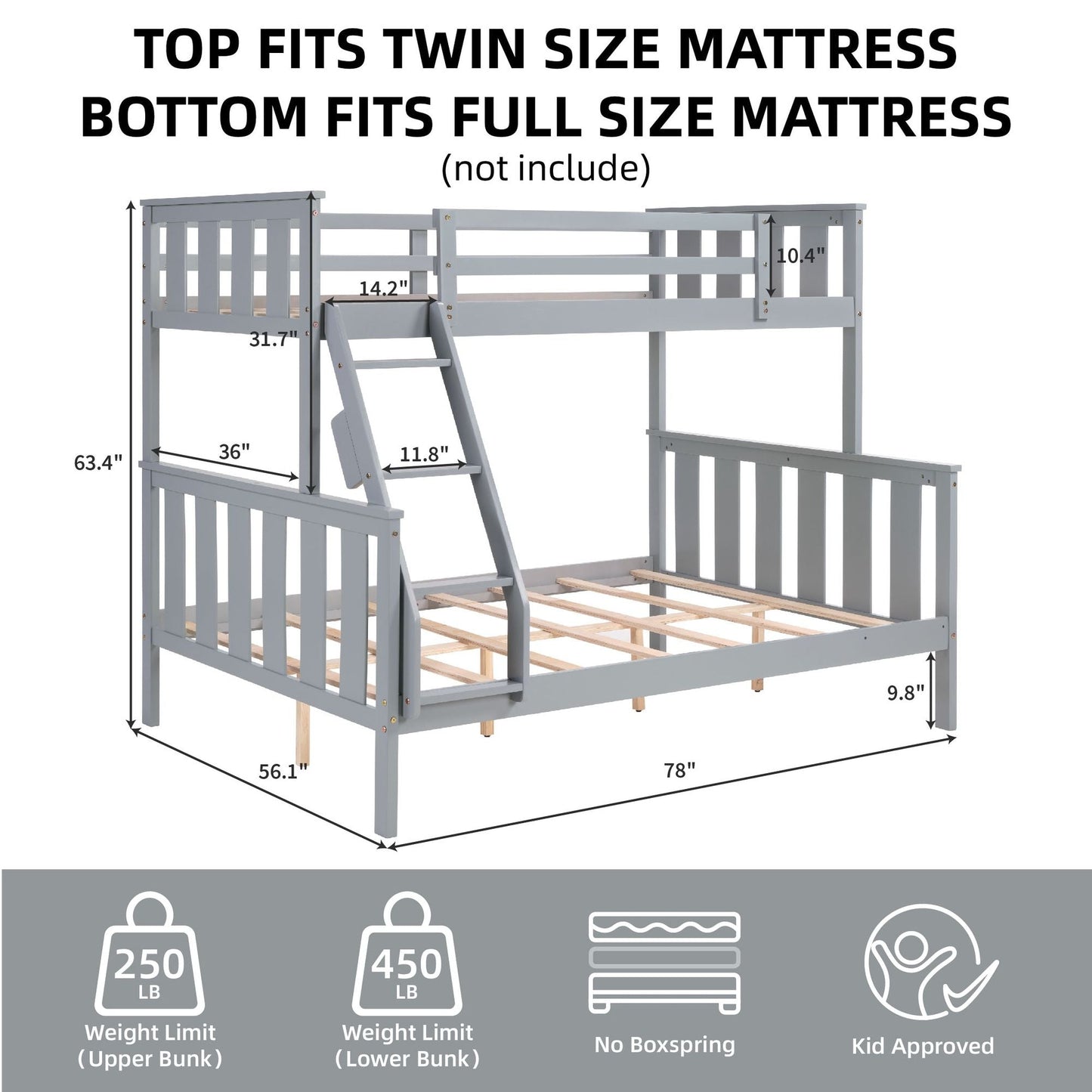 Kids Bedroom Twin Over Full Wood Bunk Bed with Flexible Ladder, Gray | Just Better Bunk Beds