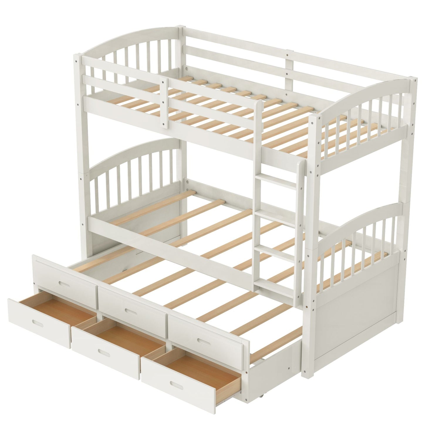 Space-Saving Twin Over Twin Wood Bunk Bed with Trundle and Drawers, White | Just Better Bunk Beds