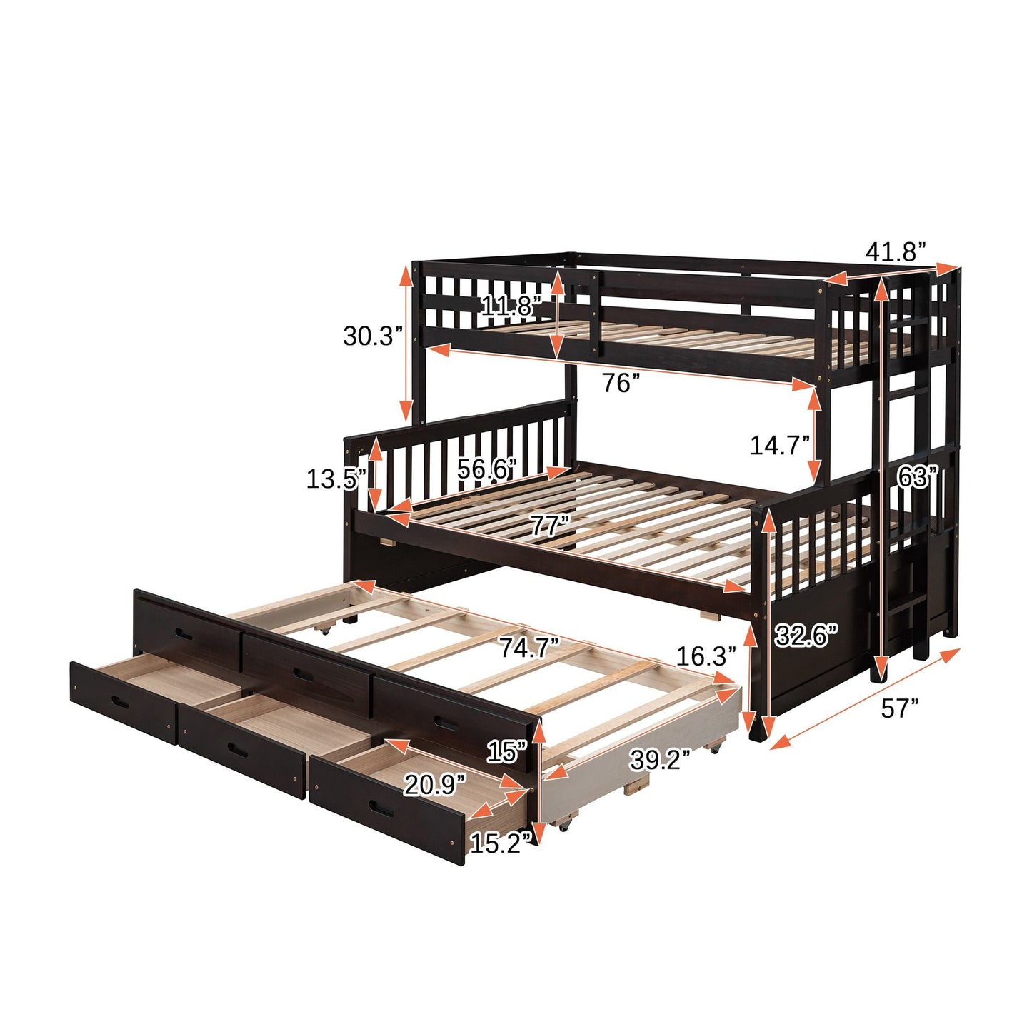 Shared Room Solution Twin Over Full Wood Bunk Bed with Twin Trundle and Drawers, White | Just Better Bunk Beds