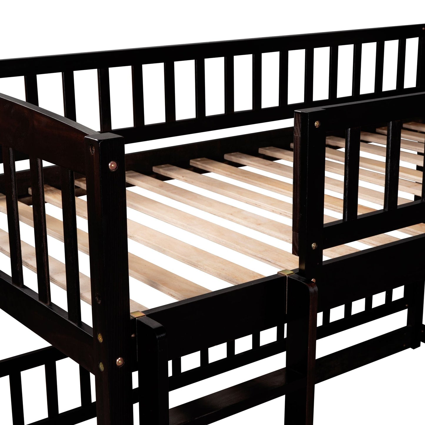 Safe Twin Over Twin Wood Low Bunk Bed with Slide, White with Fence and Ladder | Just Better Bunk Beds