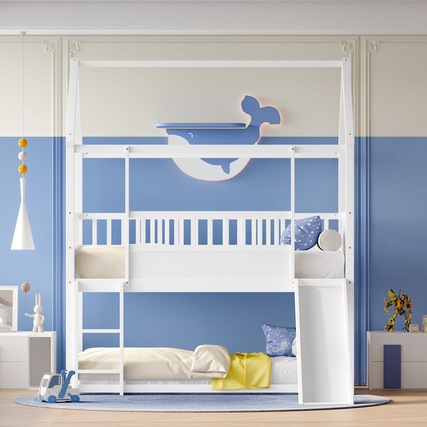 House-Style Twin Over Twin Wood Bunk Bed with Convertible Slide and Guardrail, White | Just Better Bunk Beds