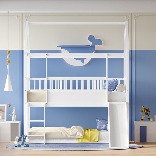 House-Style Twin Over Twin Wood Bunk Bed with Convertible Slide and Guardrail, White | Just Better Bunk Beds
