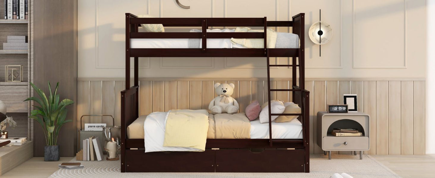 Heavy-Duty Twin Over Full Wood Bunk Bed with Ladders and Two Storage Drawers, White | Just Better Bunk Beds